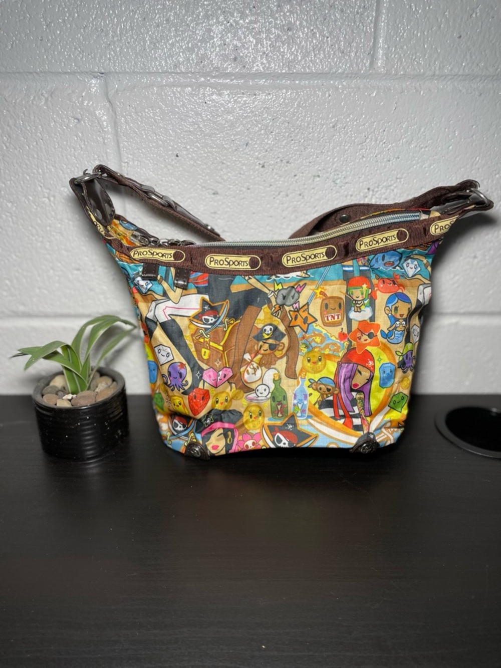 ProSports Multicolor Character Print Crossbody with Brown Trim